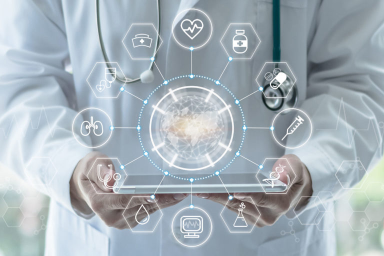Medical tech science, innovative iot global healthcare ai technology, World health day with doctor on telehealth, telemedicine service analyzing online on EHR, EMR patient digita data on tablet in lab