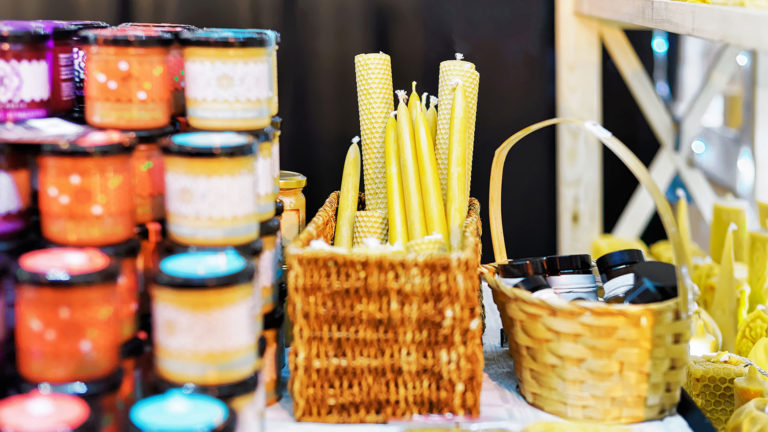 Stall with wax candles at the Vilnius Christmas Market Stall with wax candles at the Vilnius Christmas Market